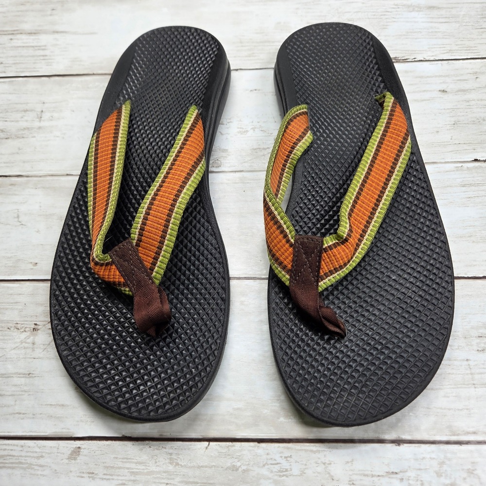 Chaco EcoTread Flip Flop Sandals Women 10 Black Orange Green Striped Webbing